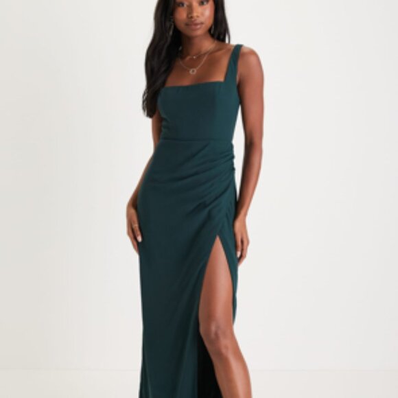 Lulus Glamorous Disposition Emerald Green Ruched Maxi Dress - Size M - Picture 2 of 5